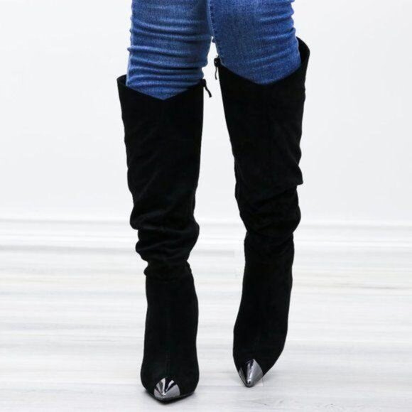 Pointy Toe Below The Knee Black Boots Faux Suede - Picture 8 of 16